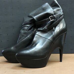 Yves Saint Laurent black leather platform mid calf boots